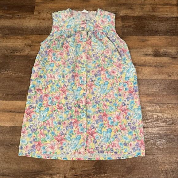 Simply Basic 3X Floral Print Sleeveless Knee Length Housecoat Pearl Snap Pockets - Picture 1 of 7